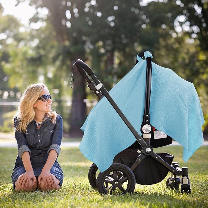 Metplus Muslin Car Seat Cover for Babies, 100% Cotton Breathable Infant Carseat Canopy for Summer, Lightweight Stroller Sunshade Covers for Newborns(Azure Blue)