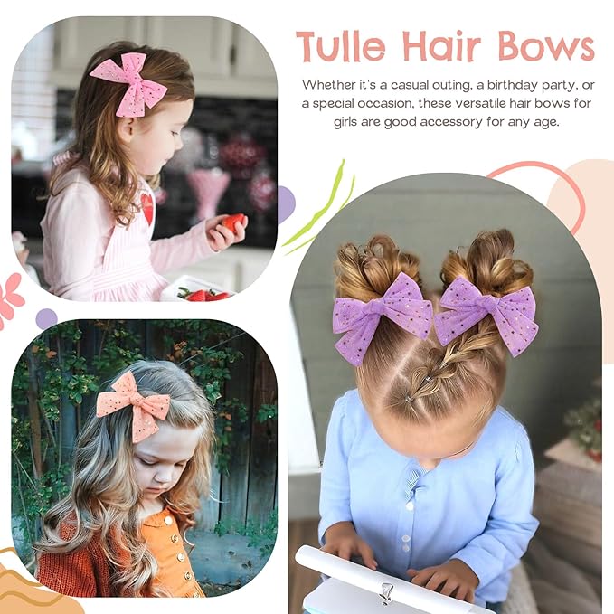 CN 6 PCS Tulle Hair Bows for Girls, Toddler Bows with Glitter Star Alligator, Colorful Hair Barrettes Wedding Sequin Hair Accessories for Baby Girls Infants Toddler Teens Party(Style J)