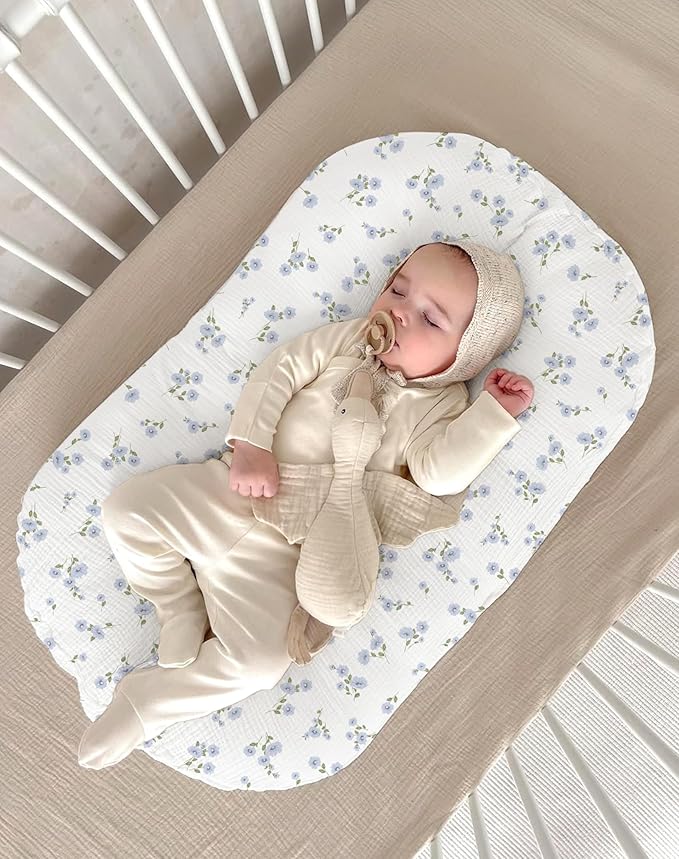 Muslin Baby Lounger Cover 2 Pack, Soft Breathable Newborn Lounger Pillow Cover for Boys Girls Infant (Flower I & Light Blue)