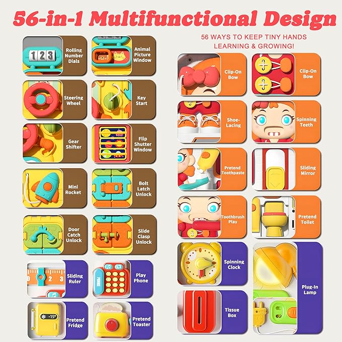 Busy Board for Toddlers 1-3, Montessori Travel Activity Toys with Music, Portable Toddler Activity Board to Develop Fine Motor Skills, Educational Toys for 1 Year Old Boys Girls