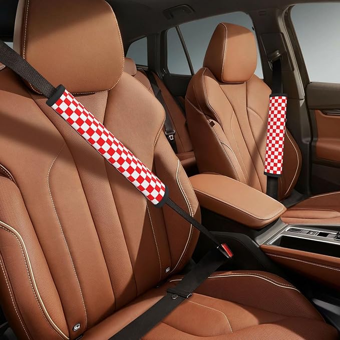 Red White Checkered Print Seatbelt Pads Fits Cars Trucks SUV Sedans Sweat Absorption Car Seatbelt Strap Cover, Simple Style Auto Interior Accessories Protector