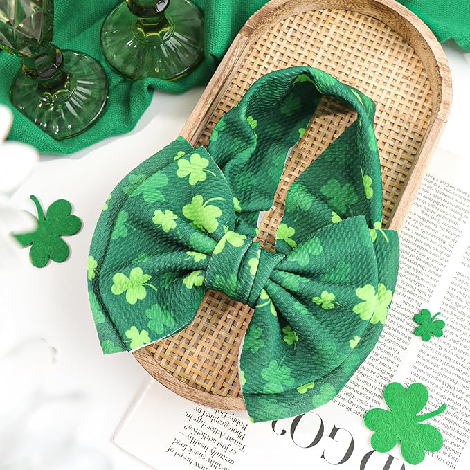 YanJie 7" St.Patrick's Day Large Bow for Baby Girl Headband Newborn Infant Kids Shamrock Double Layer Messy Bow Headwrap