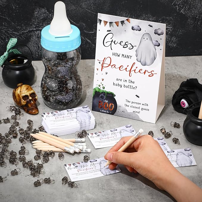 Roowest 512 Pcs Baby Shower Games Guess How Many Pacifiers Sign 100 Small Guessing Games 10 HB Pencils 750ml Milk Bottle 400 Acrylic Pacifiers Decoration for Guest Gender Reveal(Blue,Halloween)