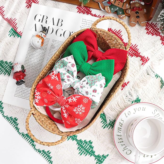 YanJie Christmas Baby Headbands Newborns Bows Red Green Printed Snowflake Baby Bows Nylon Headband Toddler Infant Hairbands Cheer Bow Christmas Gift