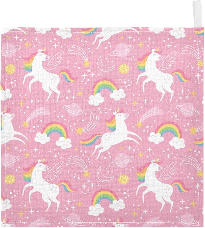 vvfelixl White Unicorn Rainbow Star Baby Burp Cloths Baby Muslin Washcloths for Boys Girls Cotton Baby Face Towel for Newborn Infants Soft and Absorbent 11.8 X 11.8 in, 5 Pack
