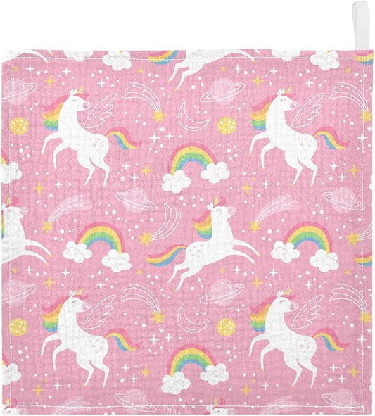 vvfelixl White Unicorn Rainbow Star Baby Burp Cloths Baby Muslin Washcloths for Boys Girls Cotton Baby Face Towel for Newborn Infants Soft and Absorbent 11.8 X 11.8 in, 5 Pack