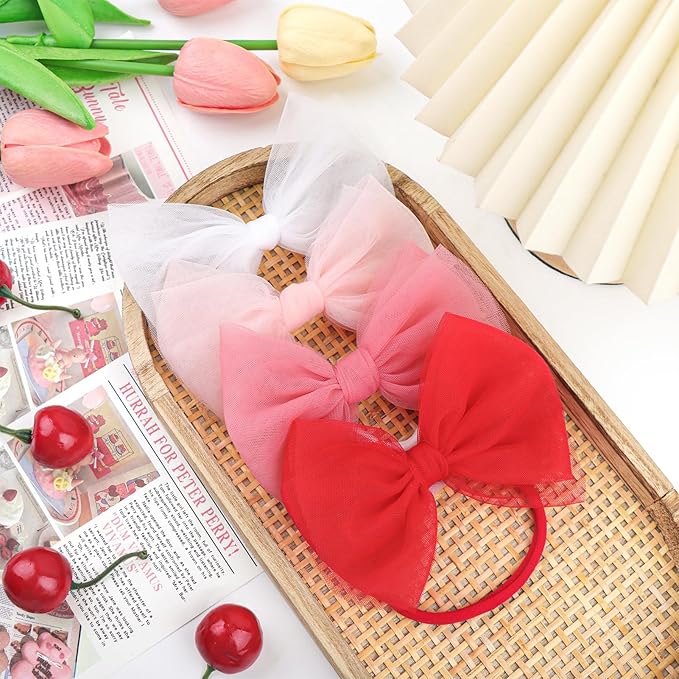 4 Pcs 4.5’’ Organza Lace Bow for Baby Girls White Headbands Pink Mesh Hair Bows Baby Shower Gifts for Newborn Infant Toddler Girl