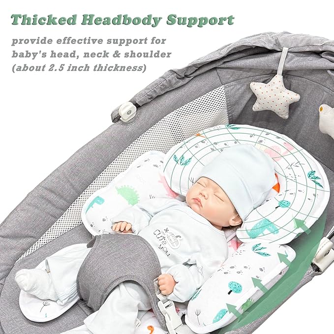 Infant Car Seat Insert, Soft Baby Car Seat Head Neck Pillow, Reversible Newborn Carseat Insert with Strap Covers, Universal Seat Pad for Carseats, Stroller, Swings, Bouncer, Dinosaurs