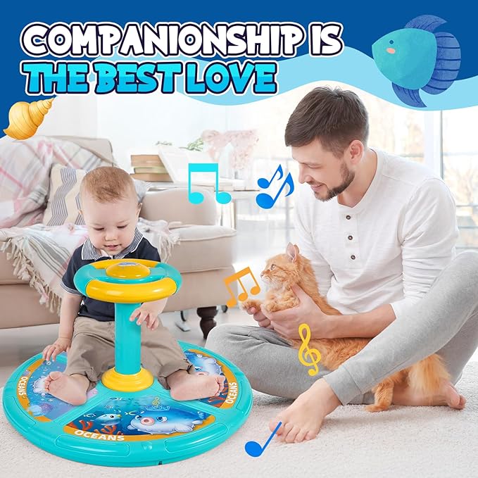 GODELAIF Sit and Spin, Christmas Birthday Gift Toddlers Sit and Spin Toy for 1-2 3 4 Years Old Girl Boy, 360° Ocean Interactive Sensory Spinning Toys for Ages 2-10 Kids LED & Sound with Free Stickers