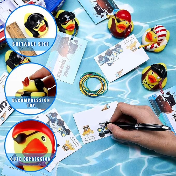 Poen 24 Pcs Carnival Pirate Rubber Ducks 2 Inch Cruise Yellow Duck with 24 Pcs Tags Bathtub Pool Toys Pirate Party Favors for Carnival Supplies Birthday Party Favor Gifts