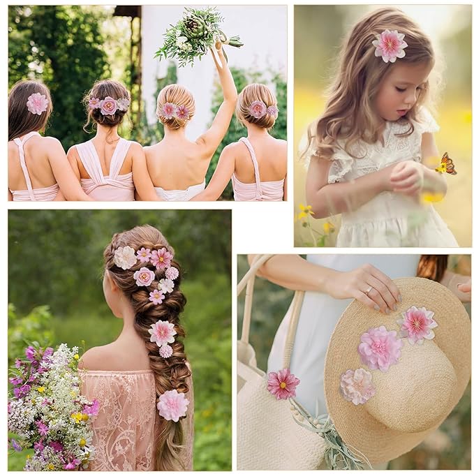 20 Pack Flower Hair Clip Rose Hair Clips Barrettes for Women Flower Accessories Boho Bride Claw Clip Hairpin Brooch Pin Headpiece for Girls Wedding (Pink)