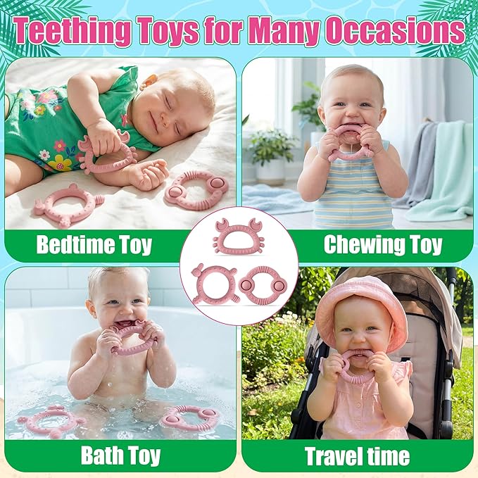 Easter Silicone Teether for Babies - 2ooya 3Pcs Pink Bunny Summer Ocean Animal Infant Teething Chew Toys, Toddler Easy to Grasp Sore Gums Pain Relief Toy for Newborn Boy Girl Baby Shower Easter Gift