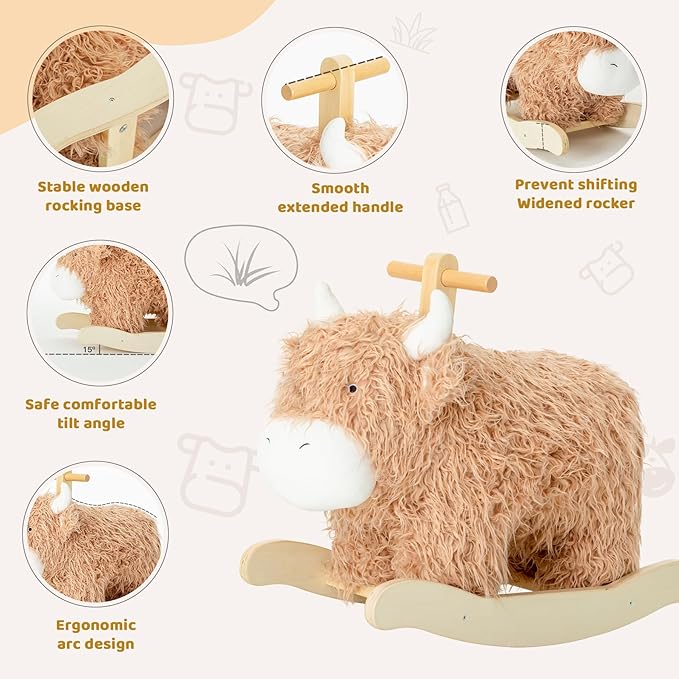 Baby Rocking Horse for 1 Year Old,Wooden Cow/Yak Horse Rocking with Wicker Plush Wooden Ride On Toy for 2 Years Old Girl&Boy Nursery Birthday Gift
