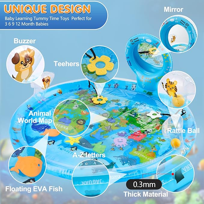 Tummy Time Mat Extra Large 31.5"×31.5" for 3-12 Months Baby, Inflatable Water Playmat with Mirror, Teethers, Rattles & Squeaker, Sensory Activity Center for Motor Development, Visual Stimulation