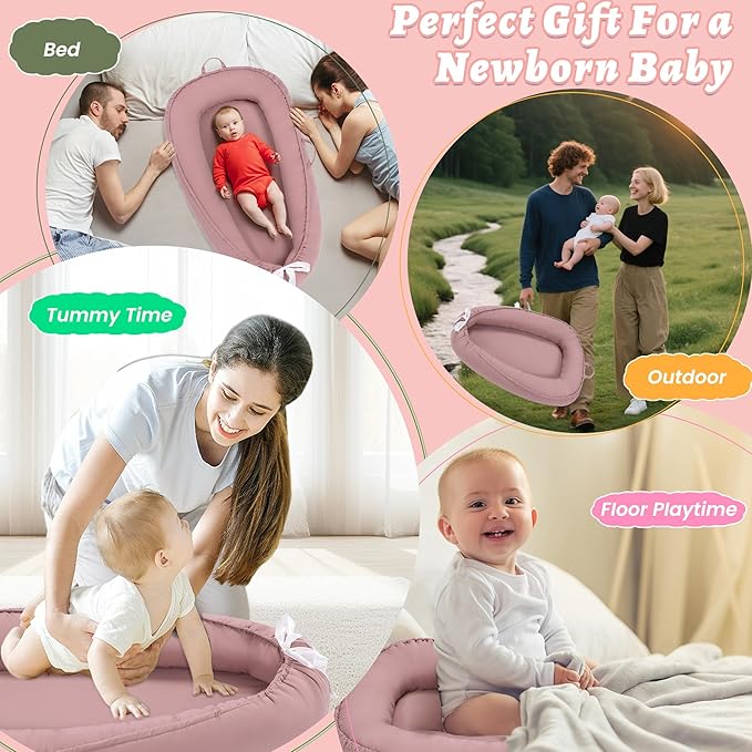 Alened Baby Lounger for Newborn 0-12 Months, Portable Infant Lounge on Floor for Supervised Tummy Time, Babies Support Pad with Breathable Cotton for New Born Awake Use Only - Pink