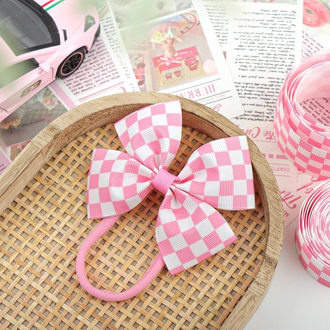 Pink Hair Bows for Girls Racing Baby Bow Checkered Flag White Bow Elastic Nylon Headband for Infant Toddler Newborn Hair Accessories Gift