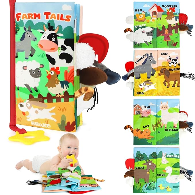 BBWOO Soft Baby Book Toy - Newborn Boy Girl Shower Gift - Tummy Time Toy for Infant 0-6 6-12 Months - Touch and Feel Sensory Crinkle Book with Teether - Baby Boy Girl Gift - Easter Basket Stuffers