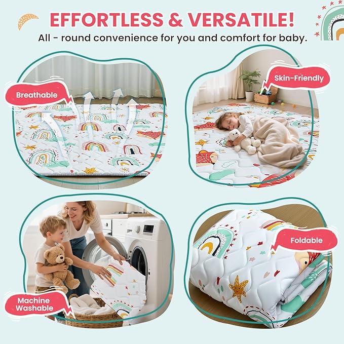 Baby Play Mat for Floor,71x59 Inch Soft Foam Padding Crawling Mat for Playpen, Foldable and Machine Washable, Thick for Babies & Toddlers,Rainbow Fox