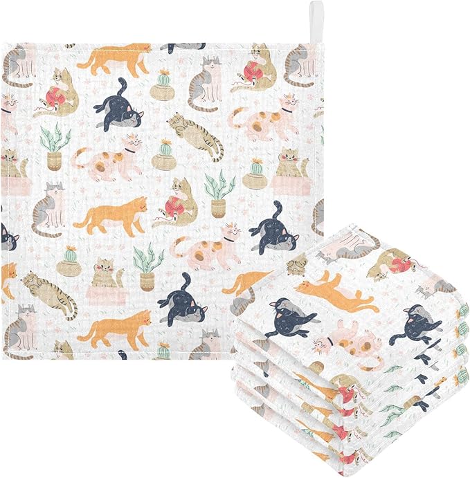 vvfelixl Baby Washcloths Cotton Funny Cats Cactus Baby Muslin Washcloths Soft Baby Face Towel for Newborn Infants Baby Wipes, 11.8 X 11.8 Inch, 3 Pack