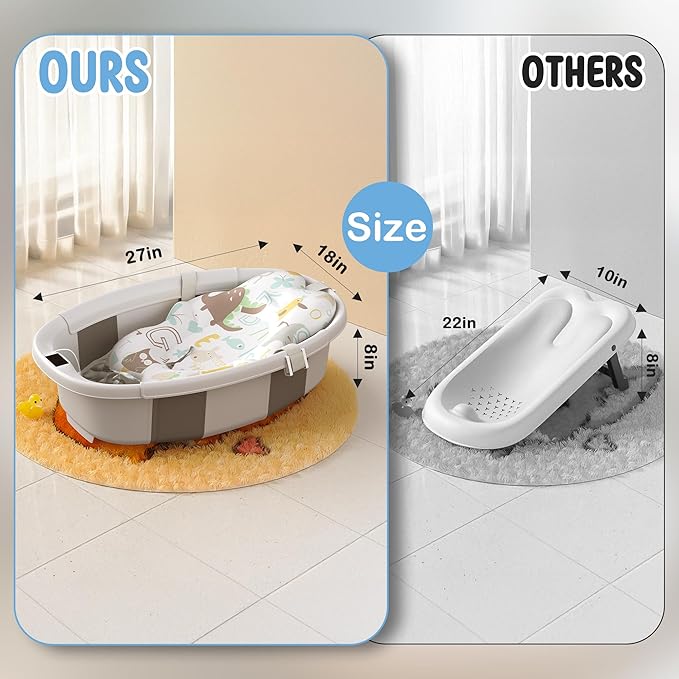 TOSGN Collapsible Baby Bathtub, 3s to Install, Baby Bath Tub with Soft Cushion & Thermometer, 0-36 Months Newborn Bathtub, Portable Travel Baby Tub, Grey