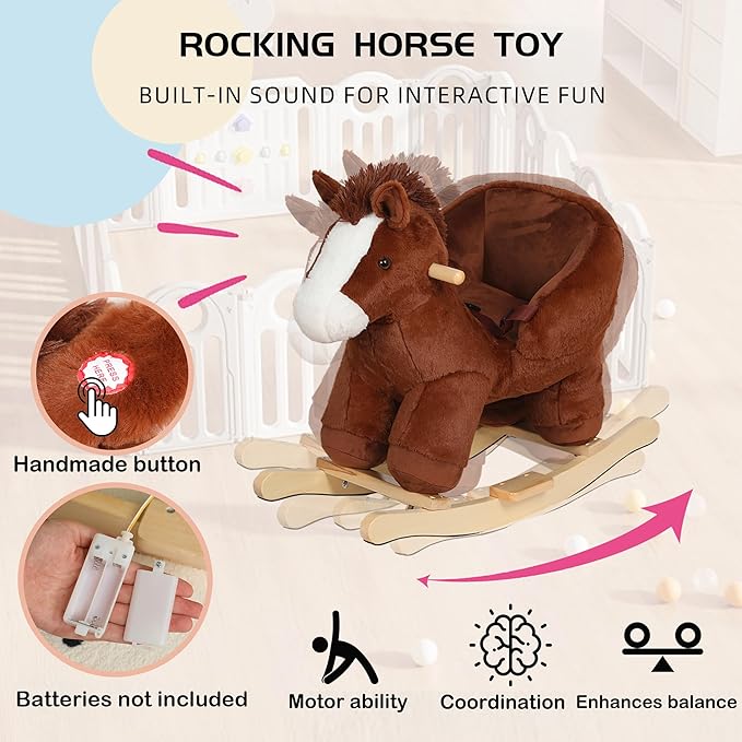 Baby Rocking Horse, Baby Rocking Chair for Toddlers 1-3 Years, Soft Plush Wooden Ride-on Toy with Sound Rocking Animal for Baby Boys and Girls Child Birthday Gift, CPC&CE Certified (Brown-002)