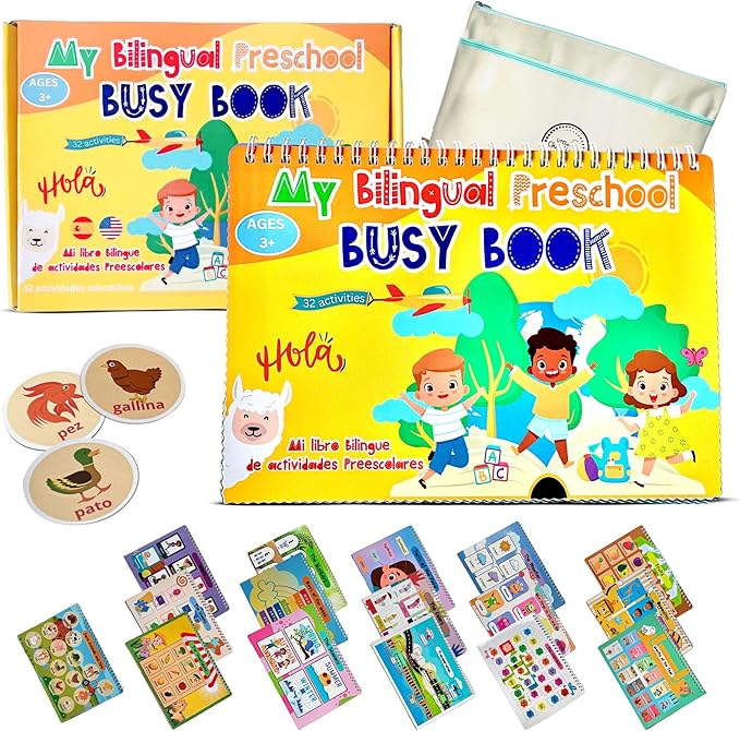 Busy Book for Toddlers 3 and Up – Preschool Learning Activities Bilingual Book in Spanish and English with 32 Activities – Educational Toddler Activity Book with 8 Color Markers