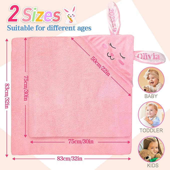 Custom Hooded Bath Towel with Name, Personalized Highly Absorbent Bunny Towels, Baby Bath Towels for Girls Boys, Brithday for Baby, Toddler, Newborn (Pink-Bunny)