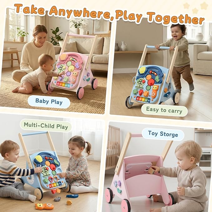 Wiqins Wooden Baby Push Walker, 10-in-1 Baby Walker Toys with Wheels for Toddlers 18 Months, Detachable Montessori Activity Board Toy & Storage for 1 Year Old Boys Girls Learning to Walk