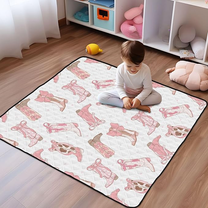 Western Cowgirl Boot Baby Playmat Washable Playroom Crawling Mat Non-Slip Play Mats for Floor 50x50 Mat