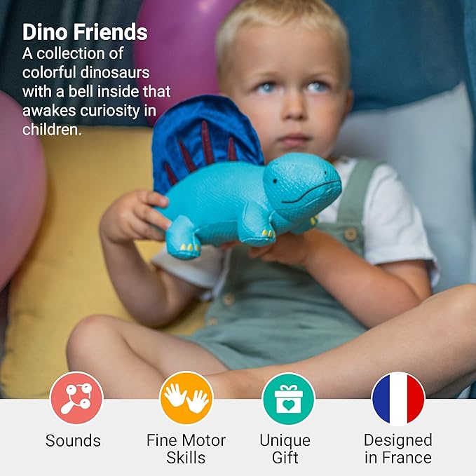 Little Big Friends Dino Friends | Stimulate the Senses with Colors, Textures & a Tinkling Bell | Vegan Leather | Easy to Clean | Dimitri the Dimetrodon