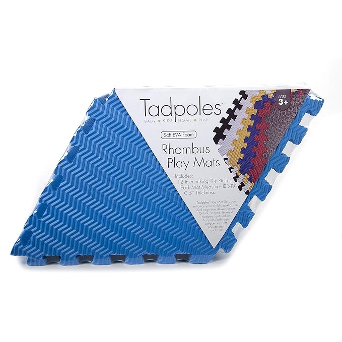 Tadpoles 12-Piece Rhombus Shaped Playmat | Interlocking Foam Mats | Soft and Durable | Total Floor Coverage of 54” x 40” | Ideal for the Playroom, Den, Bedroom, and More | For Kids and Adults | Blue