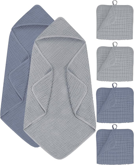 6Pcs Baby Muslin Hooded Bath Towels and Washcloths,32"x 32" Muslin Cotton Hooded Baby Towels for Newborn Shower