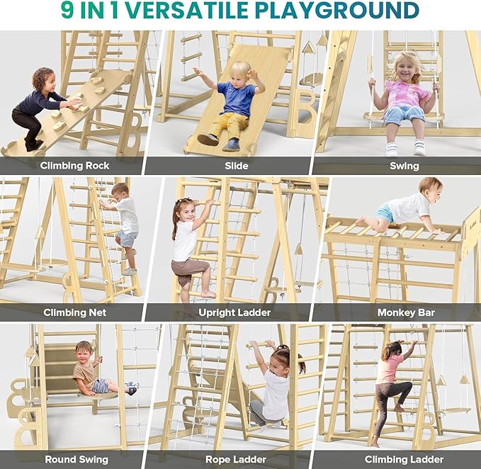 BlueWood Upgraded Indoor Jungle Gym 9-in-1 Playground Kids Climbing Toys, Waldorf Style Wooden Climber Playset with Slide, Swing, Monkey Bars, Upright/Rope Ladder, Climb Net, Natural Wood Color