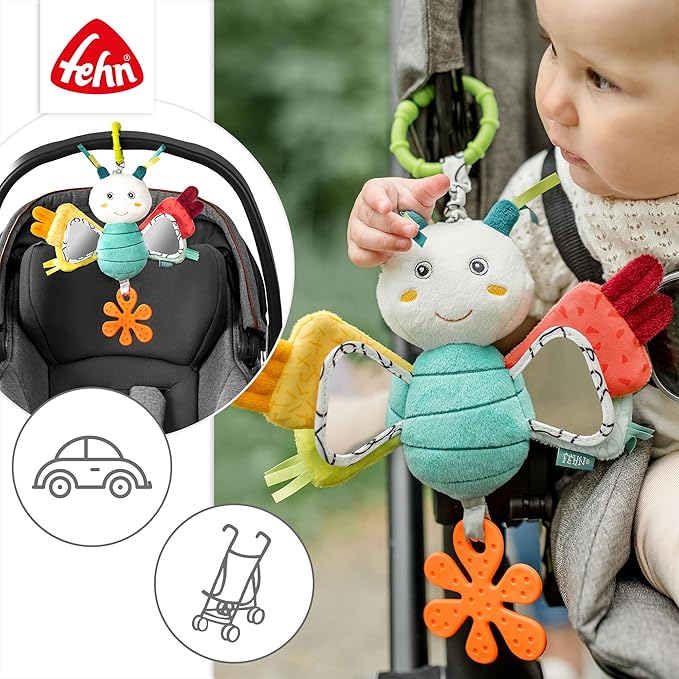 Fehn Activity-Schmetterling – Motorikspielzeug für Stroller, Kinderbett & Babyschale – zum Beißen, Greifen, Geräusche erzeugen – für Babys & Kinder ab 3+ Monaten