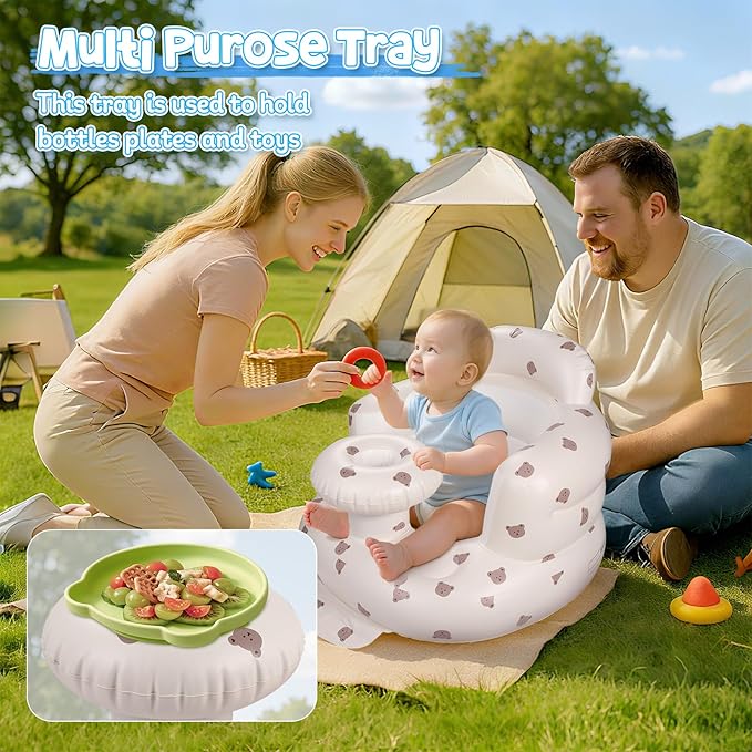 Arscniek Inflatable Baby Seat Built in Air Pump, Blow Up Baby Chair with Back Support and Tray, Sit Me Up Floor Seat for Babies 3-36 Months, Portable Infant Chairs for Indoor and Outdoor - Bear Head