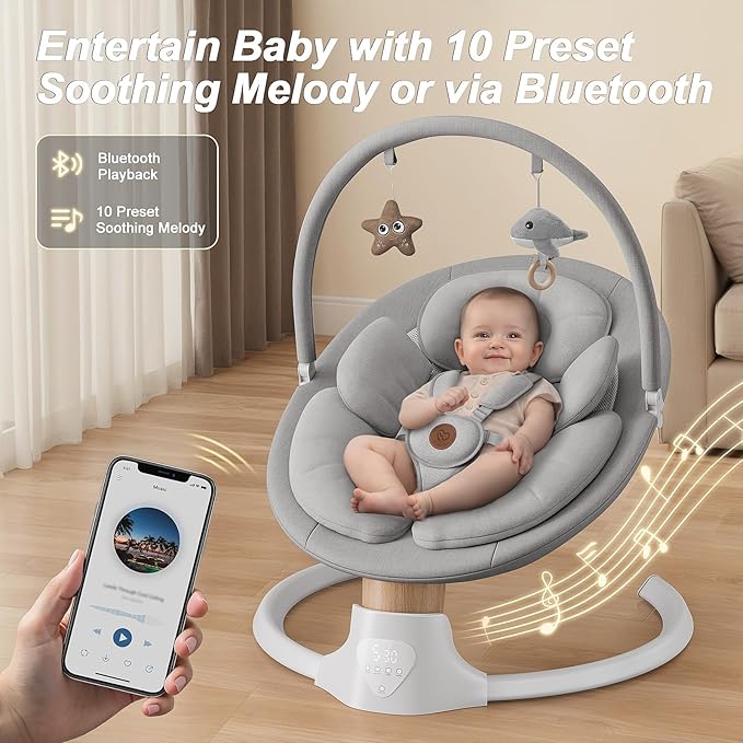 Baby Swings for Infants, FasonBaby Electric Baby Swing with Music Speaker, 5 Speeds, Remote Control and Bluetooth - Portable Infant Swing for Indoor and Outdoor (Gray)