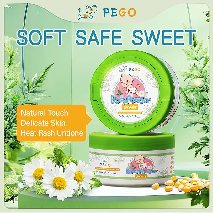 PEGO Cornstarch Baby Powder,with Zinc Oxide,Aloe Vera & Vitamin E,Talc-Free Baby Body Powder,Soothing Skin Care,Hypoallergenic for Delicate Skin & Diaper Rash,Baby Essentials 4.9oz