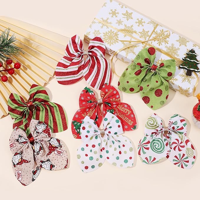 CN 7PCS Christmas Hair Bows for Girls Red Toddler Bows Clips with Christmas Tree Santa Claus Snowman Pattern Xmas Hair Accessories for Kids Party Decorations