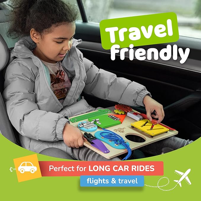 deMoca Sensory Busy Board for Toddlers, Premium Wooden Toddler Busy Board for 1 2 3 Year Old with 10 Educational Activities for Fine Motor Skills, Fidget Activity Toy for Travel