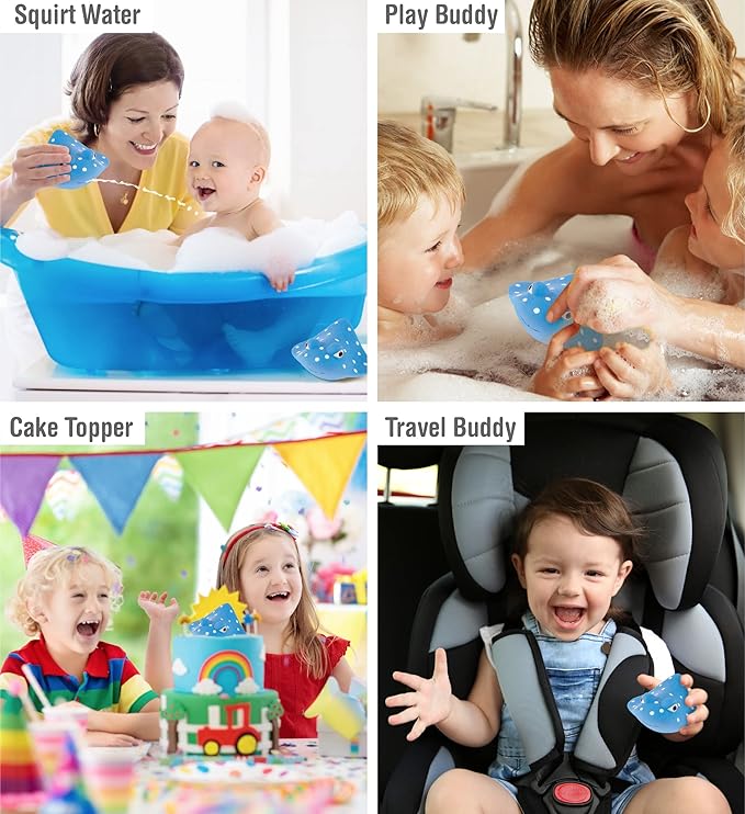 DolliBu Manta Ray Bath Buddy Squirter - Floating Blue Manta Ray Rubber Bath Toy, Fun Water Squirting Bathtime Play For Toddlers, Soft Sea Life Animal Toy For The Bathtub, Beach & Pool for Girls & Boys