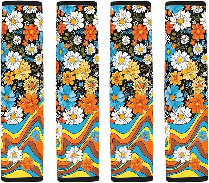 UNICEU Retro Groovy Flower Auto Seat Belt Pads Set of 2, 70S Car Accessory Decoraion Colorful Swirl Wavy Shoulder Seatbelt Pads Cushion Universal Fit Most Vehicle SUV Truck