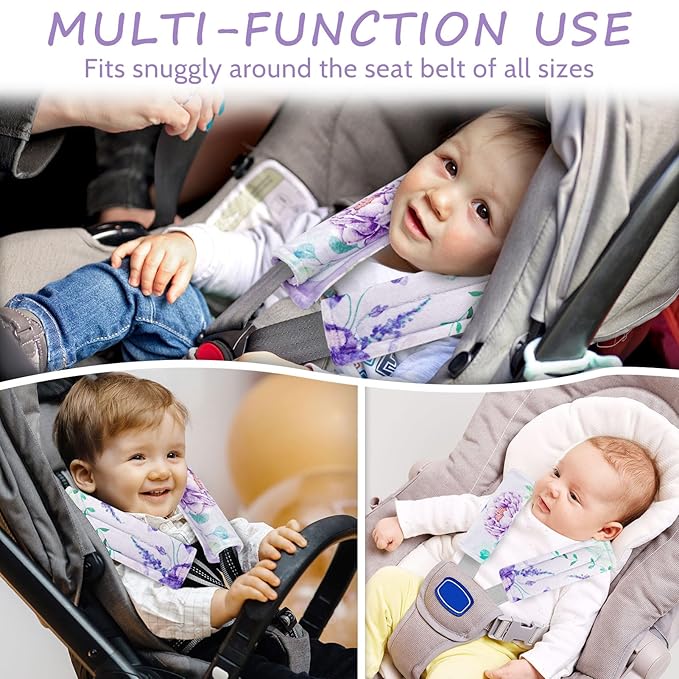 Carseat Strap Covers for Babies, Soft Seatbelt Covers for Kids, Reversible Baby Car Seat Strap Covers, Size: 6.5 x 6.5 inch, for Baby Car Seat, Stroller, Swing, High Chair, Purple Flower