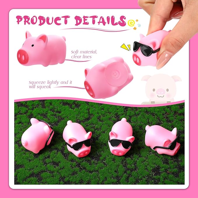 Liliful 200 Sets Mini Rubber Pig Bath Toy with Sunglasses Pink Float and Squeak Pig Bathtub Toys for Baby Shower Halloween Christmas Birthday Party Supplies