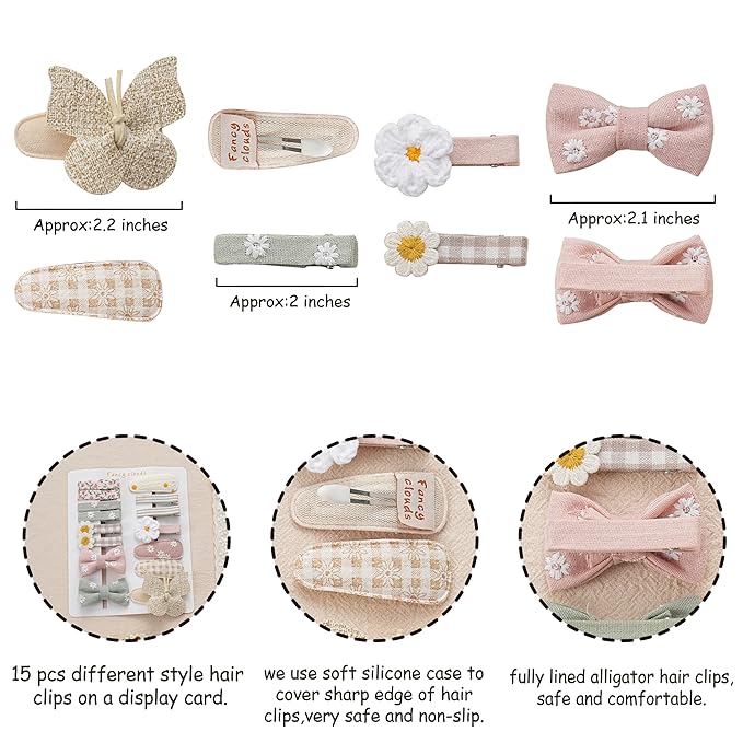 15 Pcs Hair Clips for Girls with Bows Butterfly Flower,2" Fully Lined Alligator Clips and Barrettes,Handmade Hair Accessories for Baby Toddler Young Kids School Age Girls Gifts