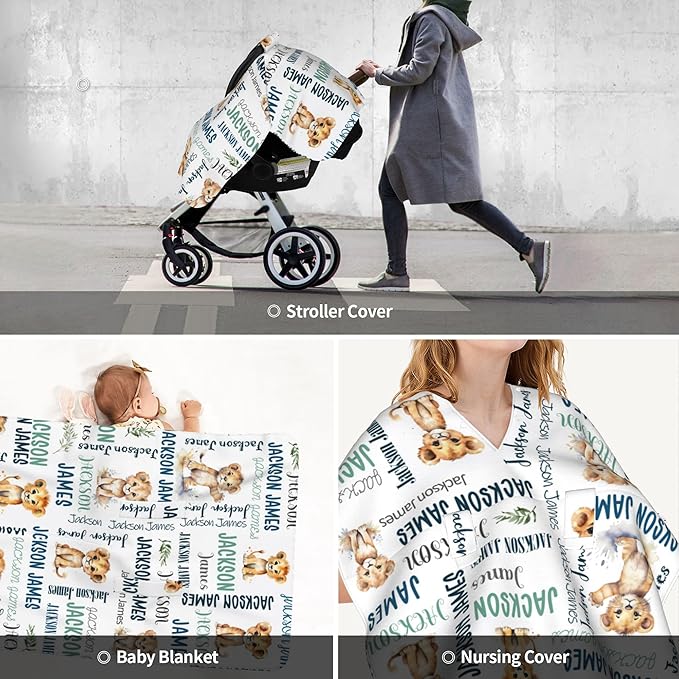 Personalized Baby Car Seat Cover Winter Custom Minky Carseat Cover Boy Girls with Name Lion Carseat Canopy Customized Car Seat Canopy Infant Carrier Covers Nursing Cover Toddler Blanket