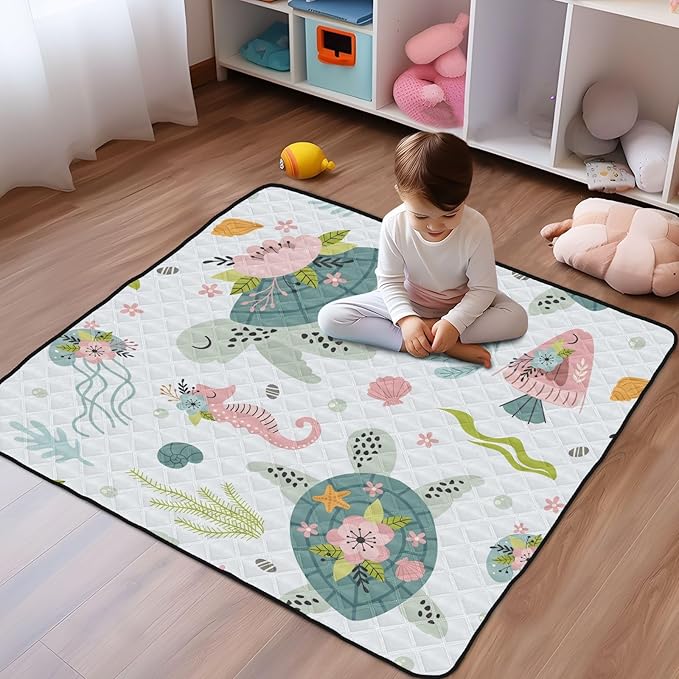 Baby Play Mat Turtle Sea Horse 50 x 50 Playpen Mat Baby Play Mats for Floor Play Gym Crawling Mat Non-Slip Cushioned Baby Playmat for Infants, Babies, Toddlers