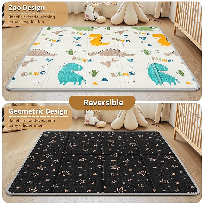 Foldable Baby Play Mat, PIGLOG 50" x 50" Waterproof Playmat for Playyards for Babies, Safe Foam Playmat for Tummy Time, Reversible Playmats, Portable Floor Mat for Infant, Toddler，Yellow Dinosaurs