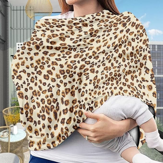 Forchrinse Beige Leopard Car Seat Cover for Babies Soft Breathable Breastfeeding Nursing Cover Elastic Infant Carseat Canopy Stroller Cover