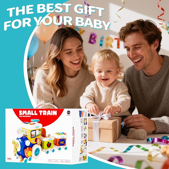Montessori Toys for 1 Year Old Boy Girl, Musical Train Baby Toys 6-12 Months, 8 in 1 Activity Cube with Light Sound, Educational Gifts for Toddlers 1-3