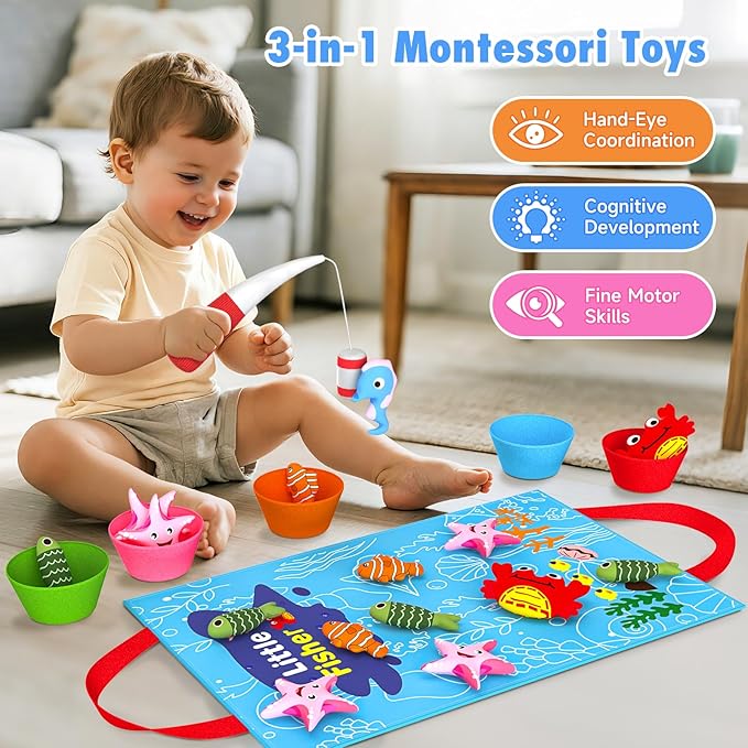 Envyvip Toddler Toy Montessori Toys for 1 Year Old Baby Boy Girl Birthday Gift, 22pcs Cloth Fishing Game Learning Toys for Toddlers 1-3 - Counting, Color Sorting, Fine Motor Skills 6-18 Months Babies